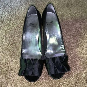 Stuart Weitzman black satin peep toe ruffled pumps